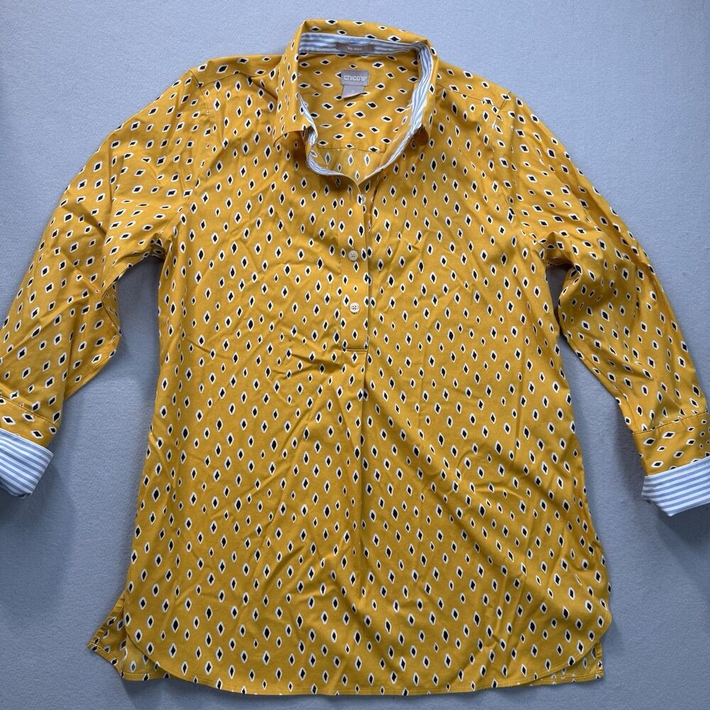 Chico's No Iron Tunic Top Blouse Size 0 US 4-6 Yellow Diamond Pattern Popover